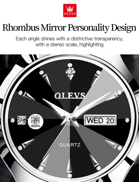 "OLEVS Men's Original Quartz Watch - Rhombus Mirror, Tungsten Steel Strap, Luminous, Waterproof, Date Display"