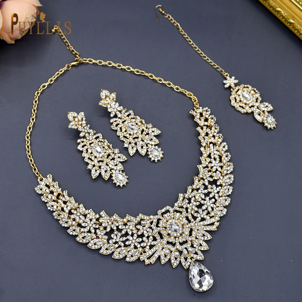 Wedding Forehead Chain Necklace Earrings Set Dubai Jewelry Set Gifts for Women Bridal Hair Accessories