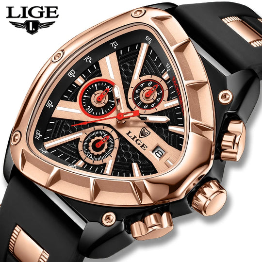 "LIGE Triangle Men's Watch - Sporty Army Style, Luxury Waterproof Quartz, Chronograph Military Wristwatch"