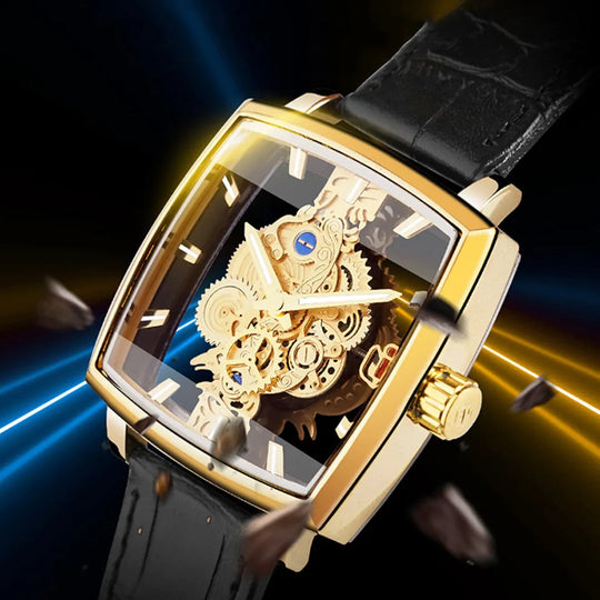 Top Luxury Men's Hollow Square Watch - Gold Gear, Fashionable Business Design, Versatile Glow, Waterproof, Quartz Movement"