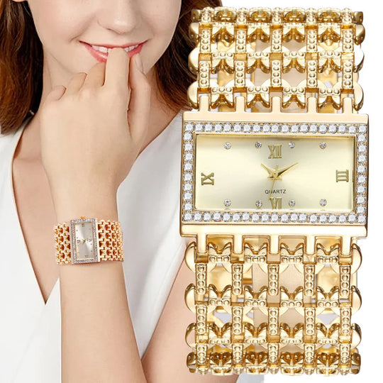 "UTHAI New Women's Watch - Fashionable Light Luxury, Square Diamond Quartz, Lady's Gold Stainless Steel Bracelet Timepiece"