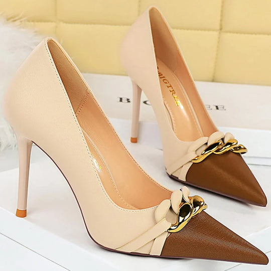 Luxury Designer Women High Heels Nude Pumps Sexy Lady Replica Metal Chain Stiletto Heels Fashion  Shoes