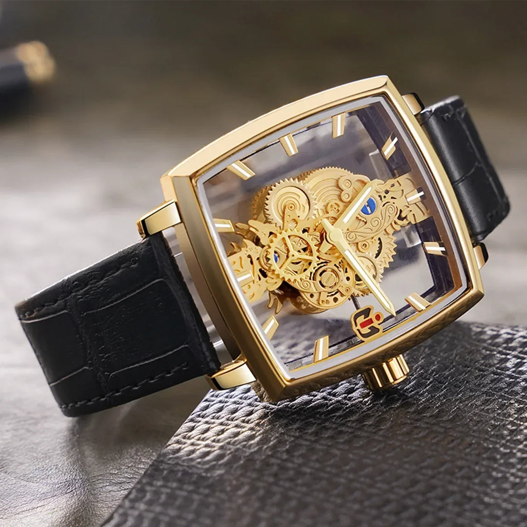 Top Luxury Men's Hollow Square Watch - Gold Gear, Fashionable Business Design, Versatile Glow, Waterproof, Quartz Movement"