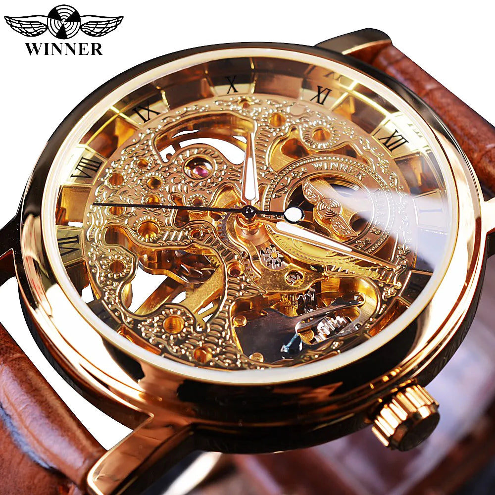 "Winner Men's Transparent Case Watch - Luxury Casual Design, Leather Strap, Top Brand Mechanical Skeleton Timepiece"