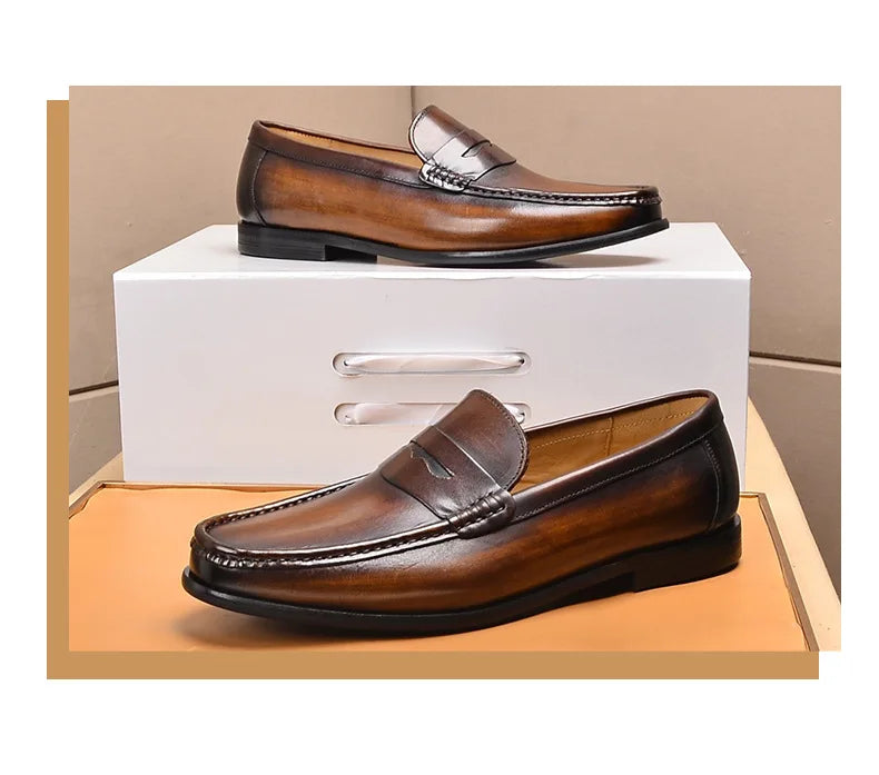 Luxury Men Penny Loafers Genuine Leather Slip On Black Casual Business Dress Shoes Mens Wedding Party Office Fashion Shoes