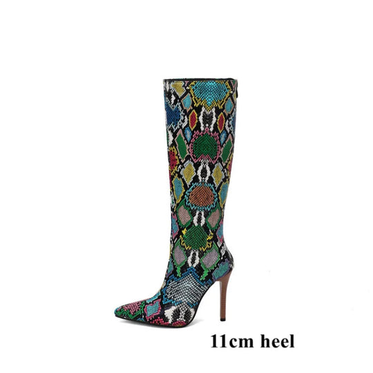 LeShion Of Chanmeb  Women Crocodile Knee High Boots Snakeskin Print Long Boots with Zipper Pointy Toe Thin High Heels Shoe