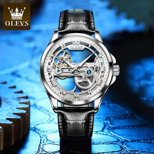 OLEVS  Automatic Mechanical Watch For Man Skeleton Flywheel Luminous Hands Waterproof Leather Strap Top Brand Luxury Gifts