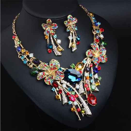 Crystal Flower Stained Glass Necklace Earring Set Wholesale Bridal Party Dress Jewelry