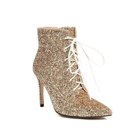 Luxury Gold High Heels Ankle Boots Women New 2024 Autumn Side Zip Shiny Sequin Party Shoes Woman Pointed Toe Thin Heeled Pumps