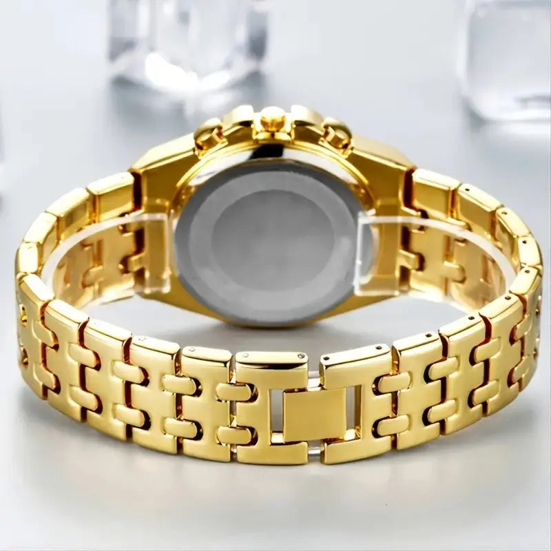 "Women's Diamond Gold Watch - Luxury Brand, Rhinestone Embellished, Ladies Wristwatch with Bracelet Design"