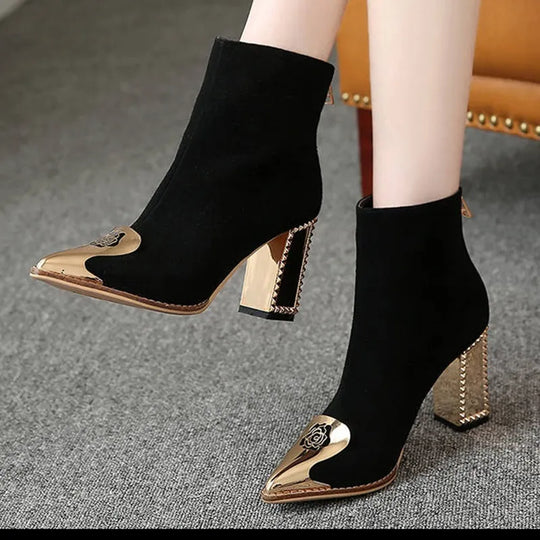 Women's Pointed Toe Pumps High Heels Women's Thick Metal Heel Rubber Ankle Boots Floral Black Ankle Boots  platform boots 2022