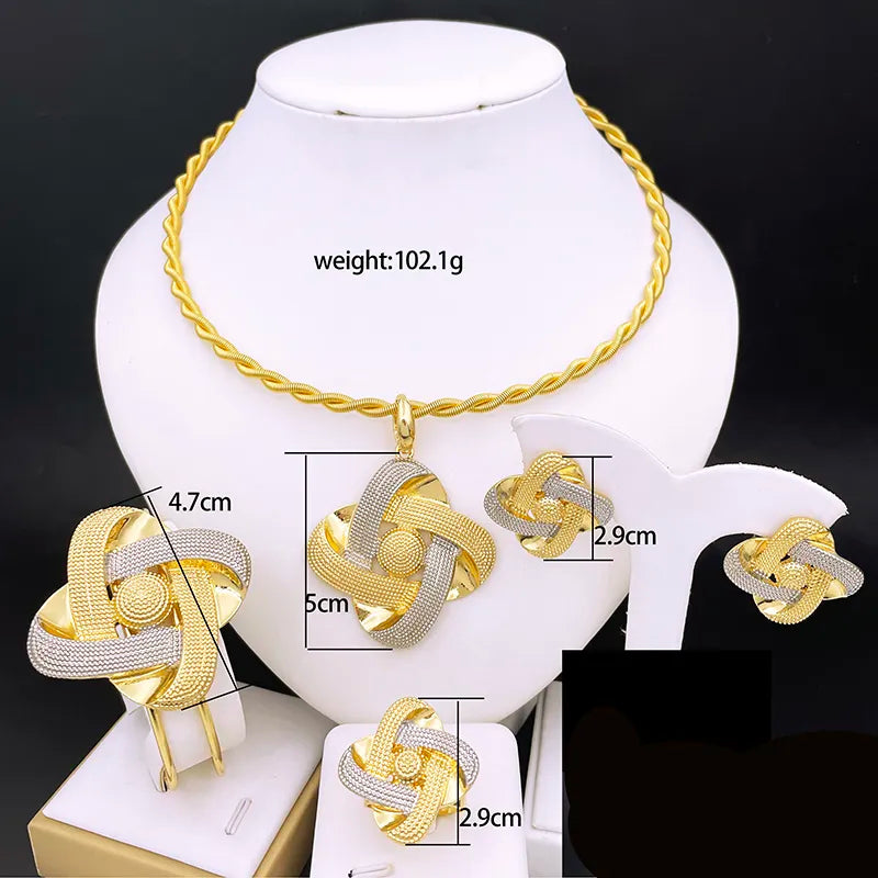 Dubai Gold Color Women Jewelry Set Quality 18k Gold Plated Jewelry Two Tone Necklace Earrings Bracelet Ring Set