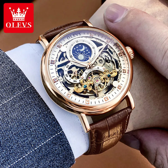 "OLEVS Luxury Men's Mechanical Watch - Moon Face, Dual Time Zone, Waterproof, Automatic Skeleton, Top Brand"