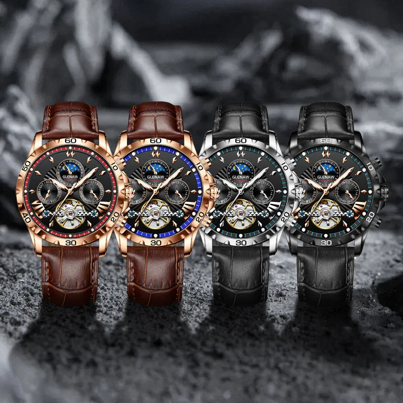 GIENAW Tourbillon Mechanical Watch Men's Belt Multi-Function Timekeeping Waterproof and Scratch-Resistant Luminous + Watch Box