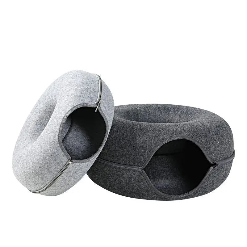 Donut Cat Bed with Interactive Tunnel: Felt Indoor Playhouse and Training Toy for Kittens and Cats - Cozy Pet Kennel Supplies