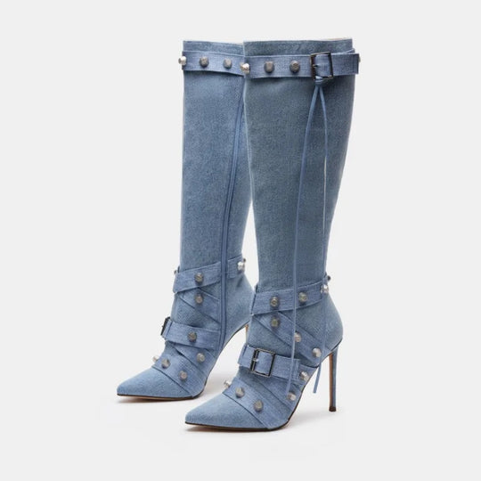 2024 Women's European and American Style Sexy Slim High Heeled Motorcycle Style Boots Women's Versatile Rivet Boots Denim Boots