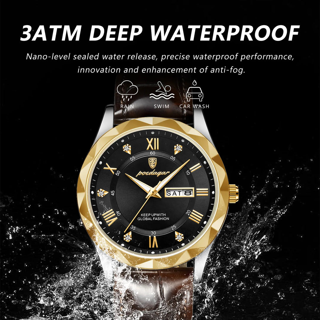 "POEDAGAR Luxury Business Men's Wristwatch - Waterproof, Luminous, Date and Week Display, Quartz Movement, Leather Strap"