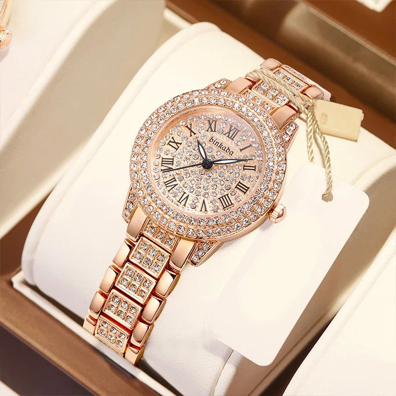 "Luxury Women's Diamond Watch - Top Brand Quartz, Steel with Full Diamond Embellishment, Punk Elegant, Zircon Crystal Fashion Wristwatch"