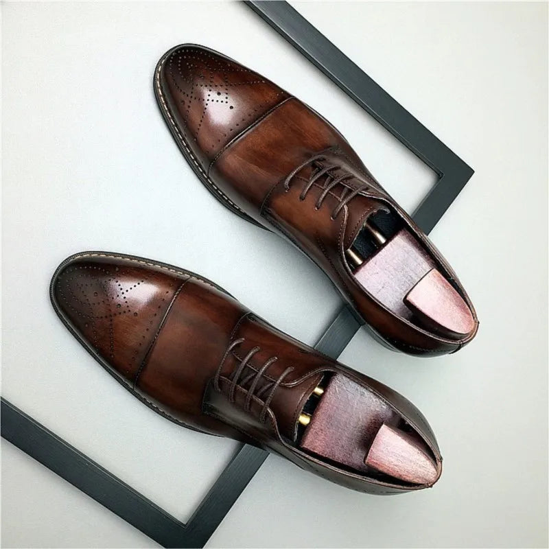 Men's Brogue Dress Shoes, Fashionable Genuine Leather, Round Head Lace-Up Business Shoes, Formal in Black and Brown Colors