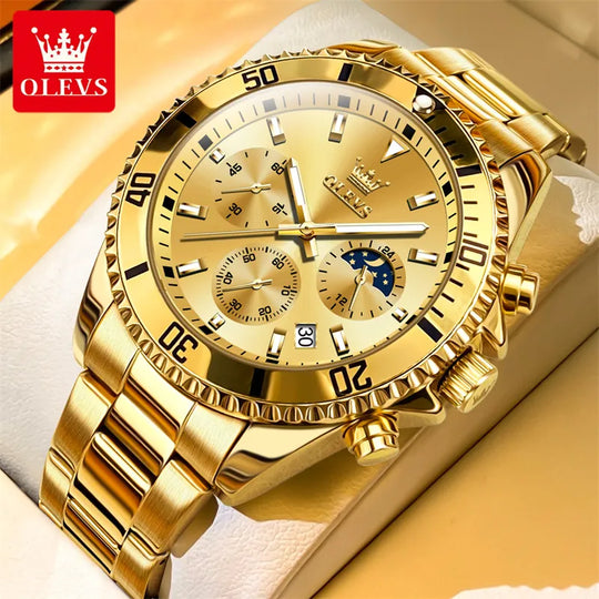 "OLEVS Men's Watch - Top Brand Luxury, Gold Quartz, Military Style, Waterproof, Date Function, Luminous, Stainless Steel"