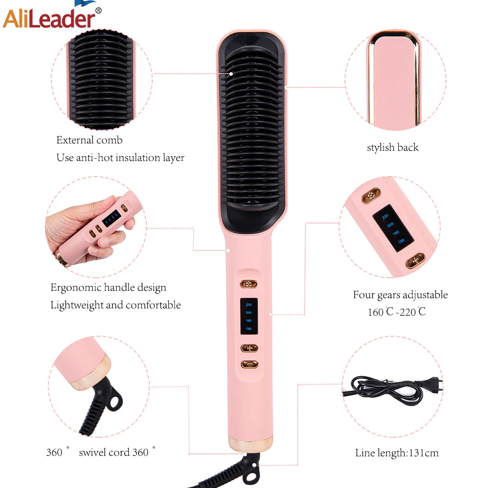 "Professional 2-in-1 Electric Hot Comb: Fast Heating Straightener and Curling Iron Hair Brush"