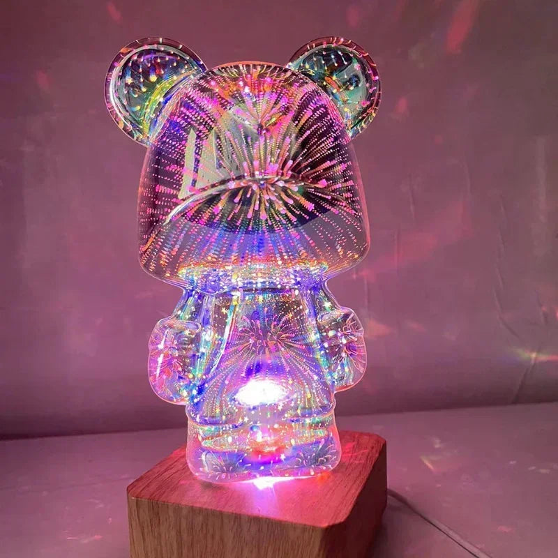 RGB Glass Firework Bear Night Light: 3D Atmosphere with Dimming Feature, Romantic Bedroom USB LED Table Lamp Projector for Living Room Decor