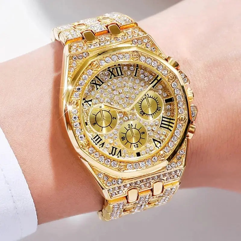 "Women's Diamond Gold Watch - Luxury Brand, Rhinestone Embellished, Ladies Wristwatch with Bracelet Design"