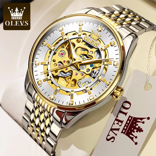 OLEVS Men's Watches Luxury Gold Skeleton Automatic Mechanical Wrist Watch for Man Waterproof Stainless Steel Luminous