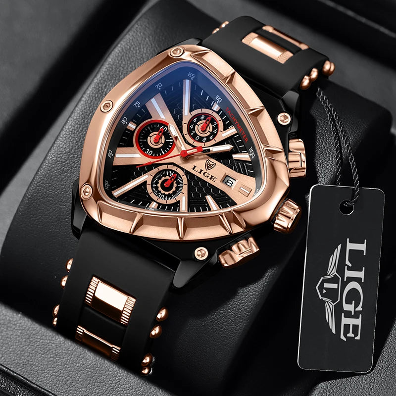 "LIGE Triangle Men's Watch - Sporty Army Style, Luxury Waterproof Quartz, Chronograph Military Wristwatch"