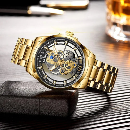 "LIGE New Skeleton Quartz Men's Watch - Gold Retro Style, Top Brand Luxury, Elegant Wristwatch"