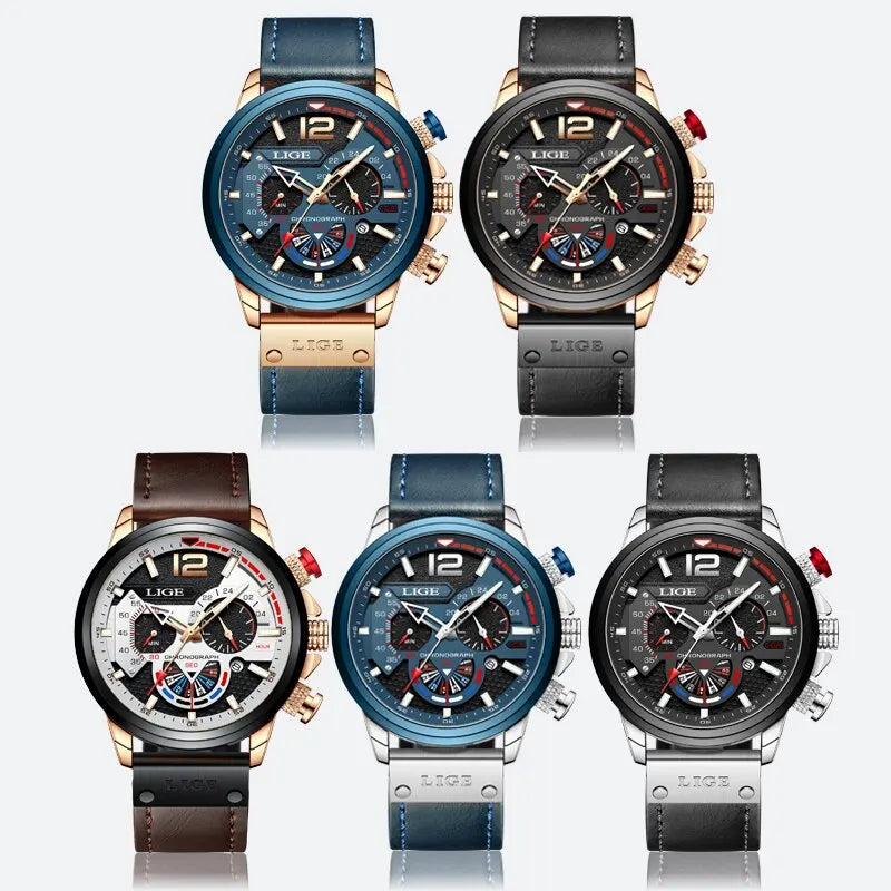 LIGE Luxury Men's Fashion Watch - Chronograph Sport, Quartz Wristwatch, Leather Strap, Waterproof Design"