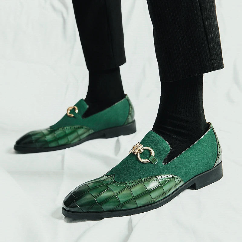 Autumn Green Loafers, Men Slip-on Nubuck Leather Pointed Toe Dress Shoes