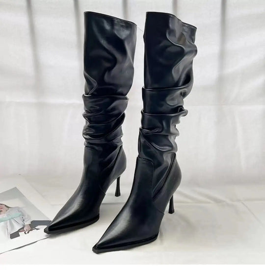 "Elegant Women's High Knee Boots: Fashionable Pointed Toe with Stiletto Heel - Chic and Sexy Ladies' Long Boots