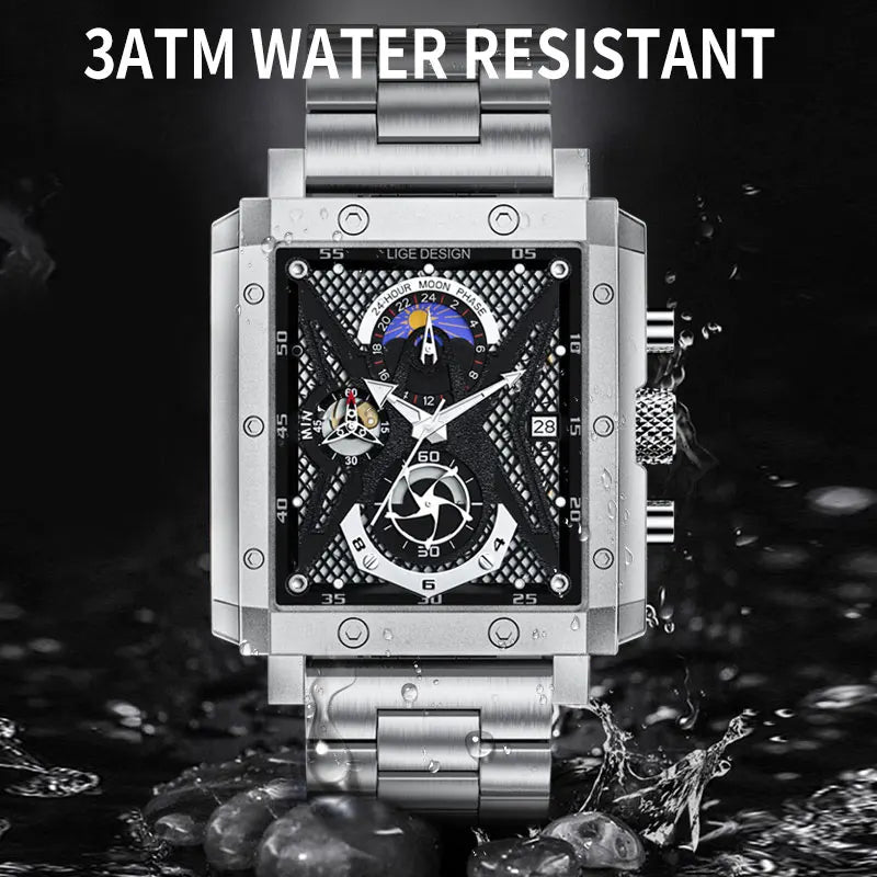 "LIGE Men's Fashion Quartz Watch - Casual Business Style, Top Brand Luxury, Sports Waterproof, Square Chronograph Wristwatch"