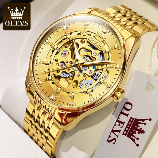 OLEVS Men's Watches Luxury Gold Skeleton Automatic Mechanical Wrist Watch for Man Waterproof Stainless Steel Luminous