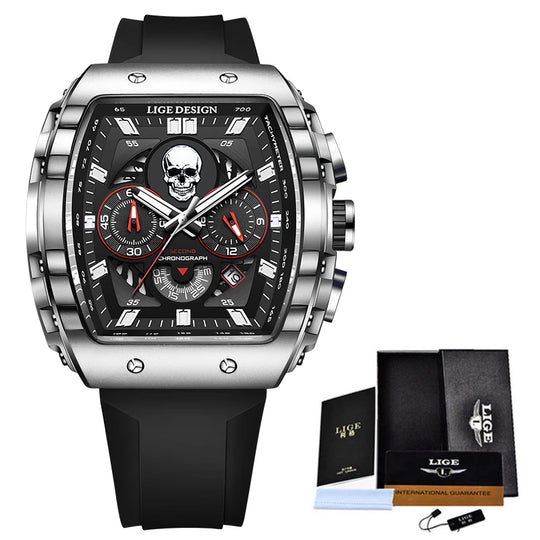 "LIGE Men's Fashion Sport Skull Watch - Top Brand Luxury, Chronograph Quartz, Waterproof Wristwatch"