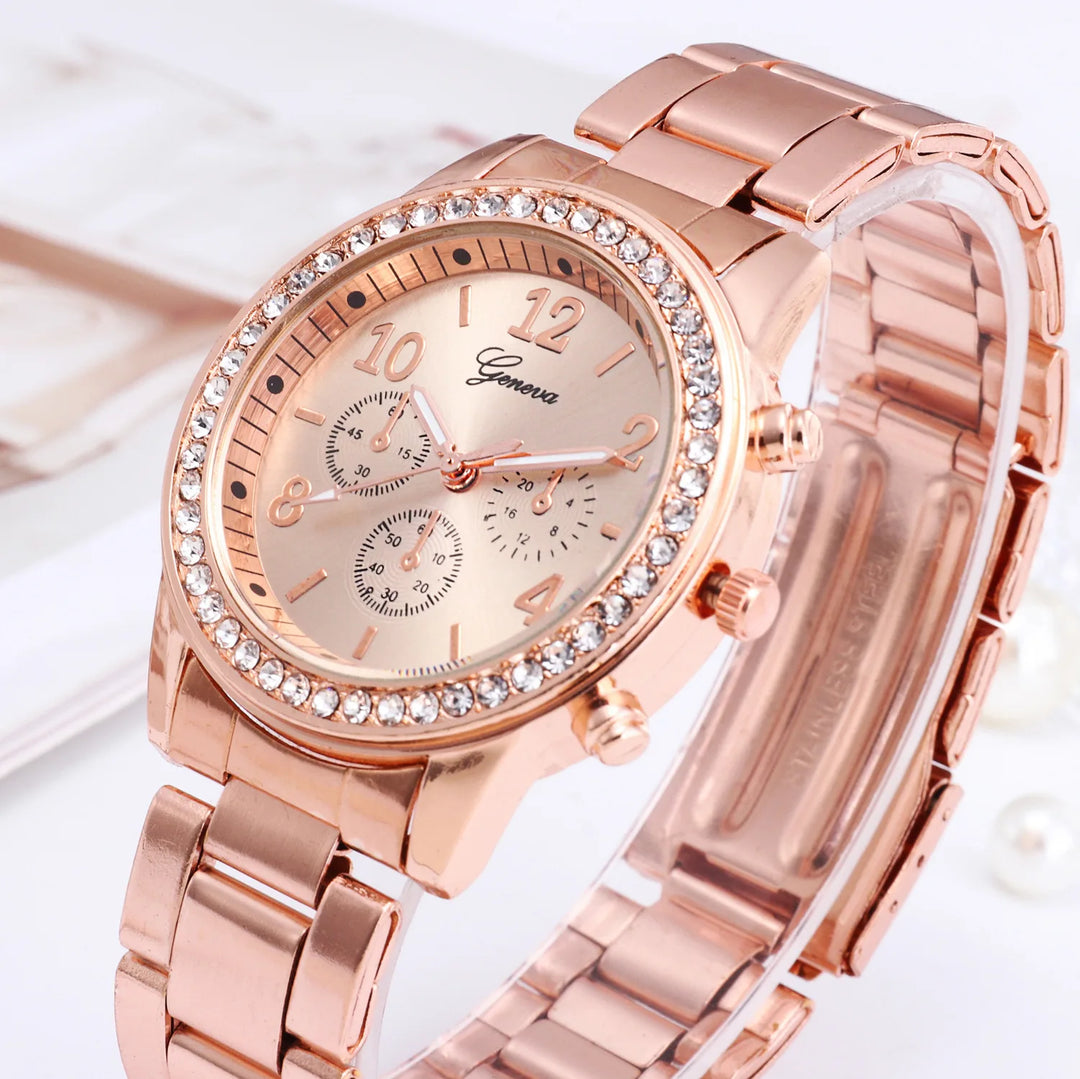 "Luxury Women's Round Rhinestone Quartz Watch - Business Fashion Casual, Silver Stainless Steel Strap Wristwatch"