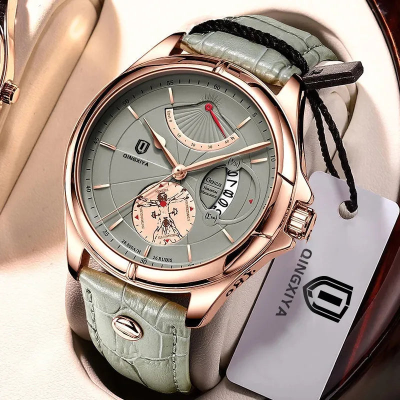 "QINGXIYA Men's Luxury Sport Wristwatch - Top Brand, Waterproof, Fashion Leather Strap, Date Quartz Watch"