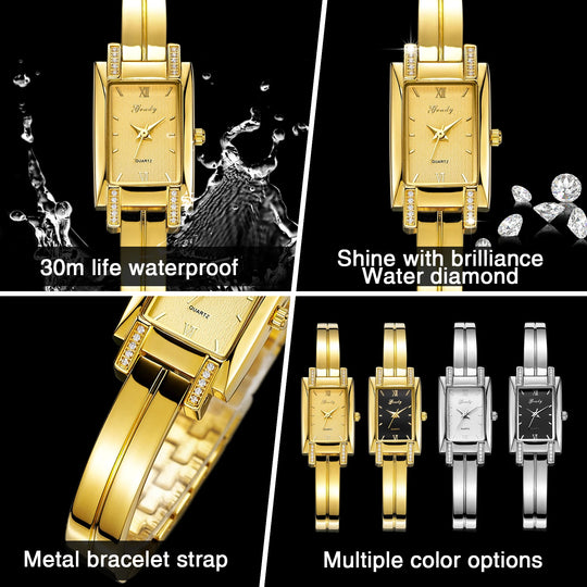 "Luxury Gold Women's Watch - Fashion Square Diamond Design, Water-Resistant, Quartz Movement, Free Shipping"