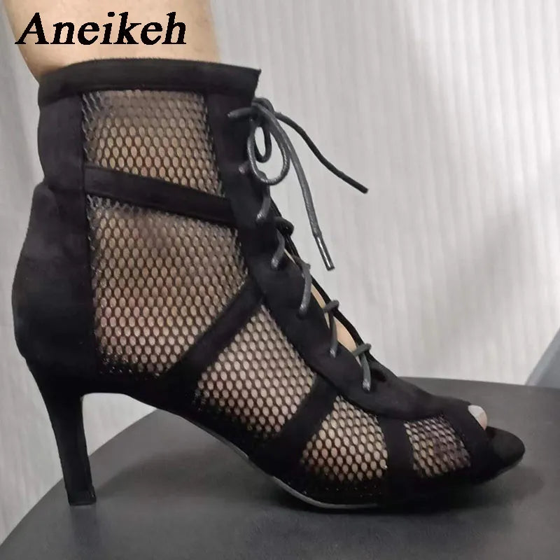 Aneikeh Middle Heel Ankle Strap Sandal Boots 2024 Fashion Summer Lace Up Cross-tied Peep Toe Lady Shoes