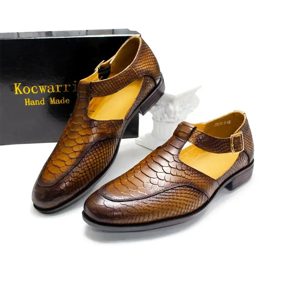 Men's Leather Snake Pattern Sandals with Hollow Design, Casual Dress Shoes with Metal Button – Ideal for Office Wear"