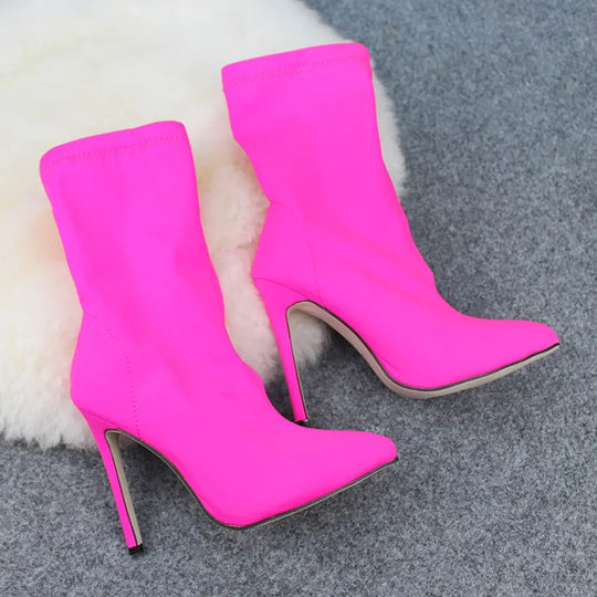 MeBorns New 2024 Women Silk Sock Boots Long High Heel Stretch Stilettos Red Neon Green Ankle Boots Peach Shoes