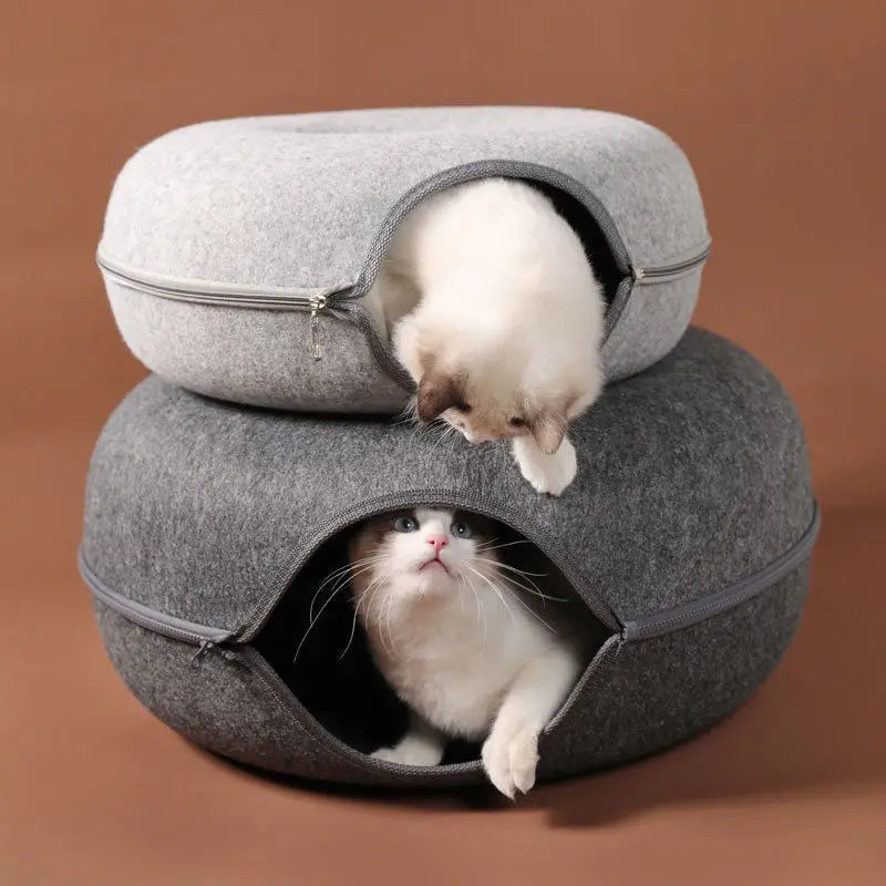 Donut Cat Bed with Interactive Tunnel: Felt Indoor Playhouse and Training Toy for Kittens and Cats - Cozy Pet Kennel Supplies