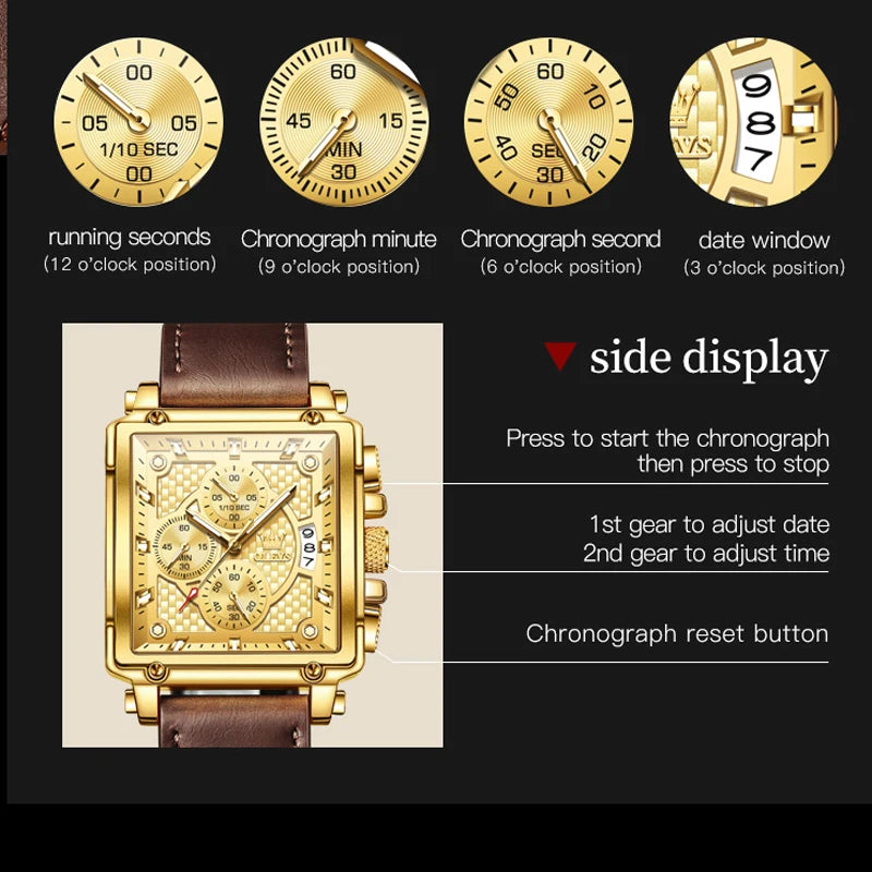 "2024 OLEVS Golden Men's Watch - Luxury Military Brand, Leather Strap, Large Gold Chronograph Wristwatch"