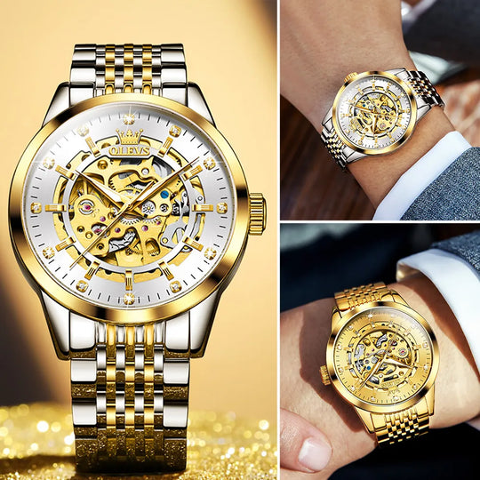 OLEVS Men's Watches Luxury Gold Skeleton Automatic Mechanical Wrist Watch for Man Waterproof Stainless Steel Luminous