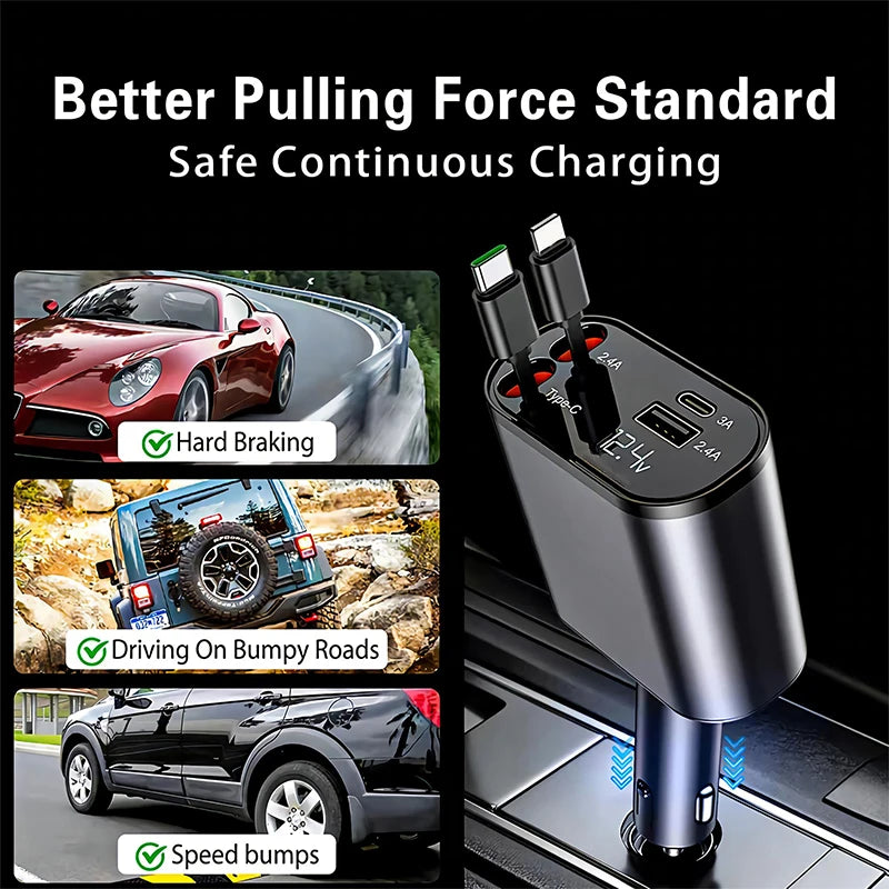 4 in 1 120W Car Charger Retractable Car Cigarette Lighter Adapter USB/Type-C Fast Charger Cable For IPhone Xiaomi Huawei Samsung