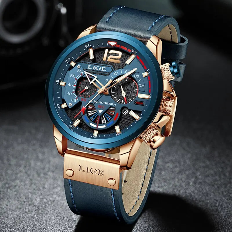 LIGE Luxury Men's Fashion Watch - Chronograph Sport, Quartz Wristwatch, Leather Strap, Waterproof Design"