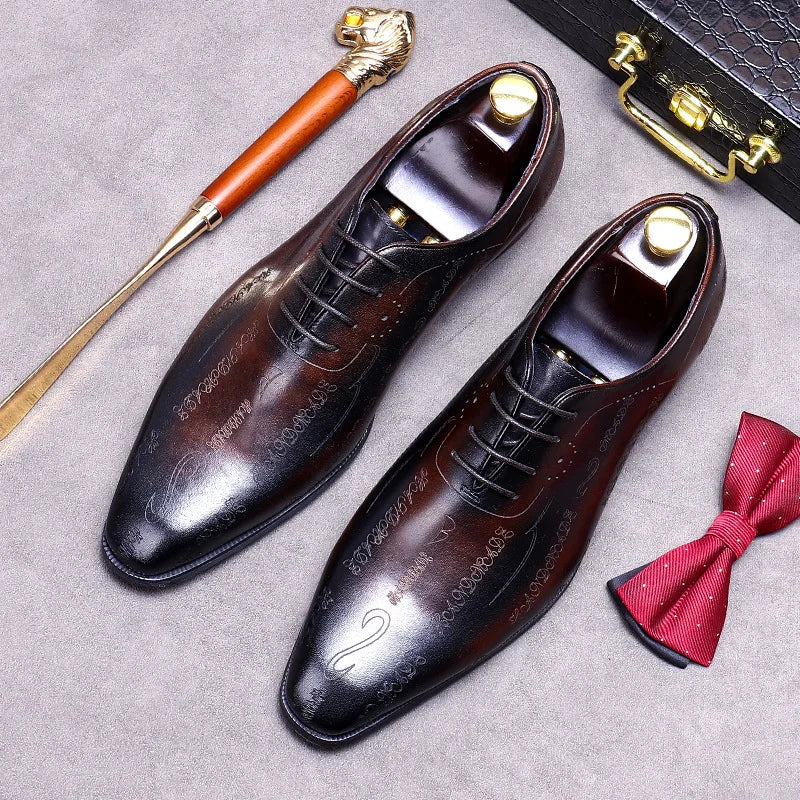 Handcrafted Men's Brown Genuine Leather Brogue Oxford Shoes, Lace-Up Business Formal Dress Shoes