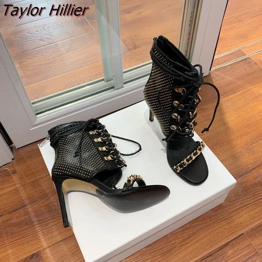 Taylor Hillier Summer Metal Buckle Black High-Heeled Shoes Open Toe Stiletto Lace Back Zipper Ladies Boots