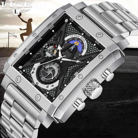 "LIGE Men's Fashion Quartz Watch - Casual Business Style, Top Brand Luxury, Sports Waterproof, Square Chronograph Wristwatch"